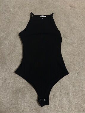 ReoRia Black Ribbed Halter-Style One-Piece Bodysuit